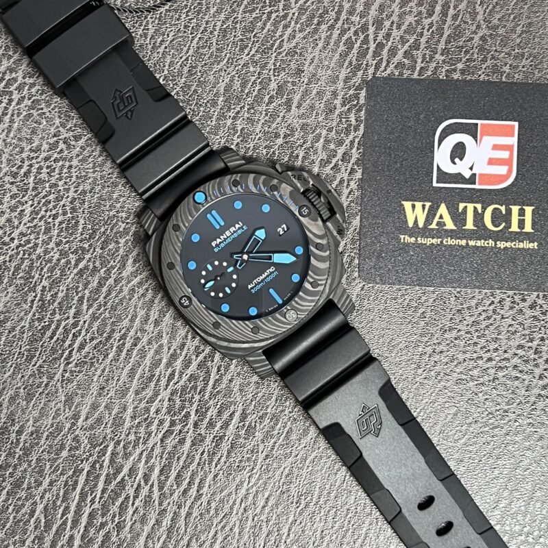 PAM00960 42mm Submersible Carbon Black Element Blue Markers on Rubber Strap Super Clone