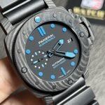 PAM00960 42mm Submersible Carbon Black Element Blue Markers on Rubber Strap Super Clone