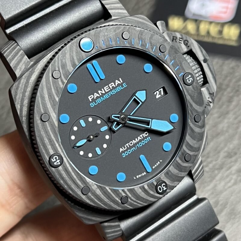 PAM00960 42mm Submersible Carbon Black Element Blue Markers on Rubber Strap Super Clone