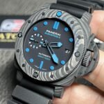 PAM00960 42mm Submersible Carbon Black Element Blue Markers on Rubber Strap Super Clone