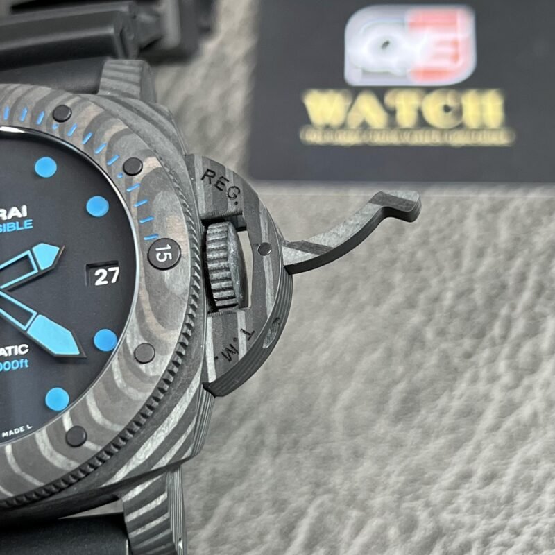 PAM00960 42mm Submersible Carbon Black Element Blue Markers on Rubber Strap Super Clone