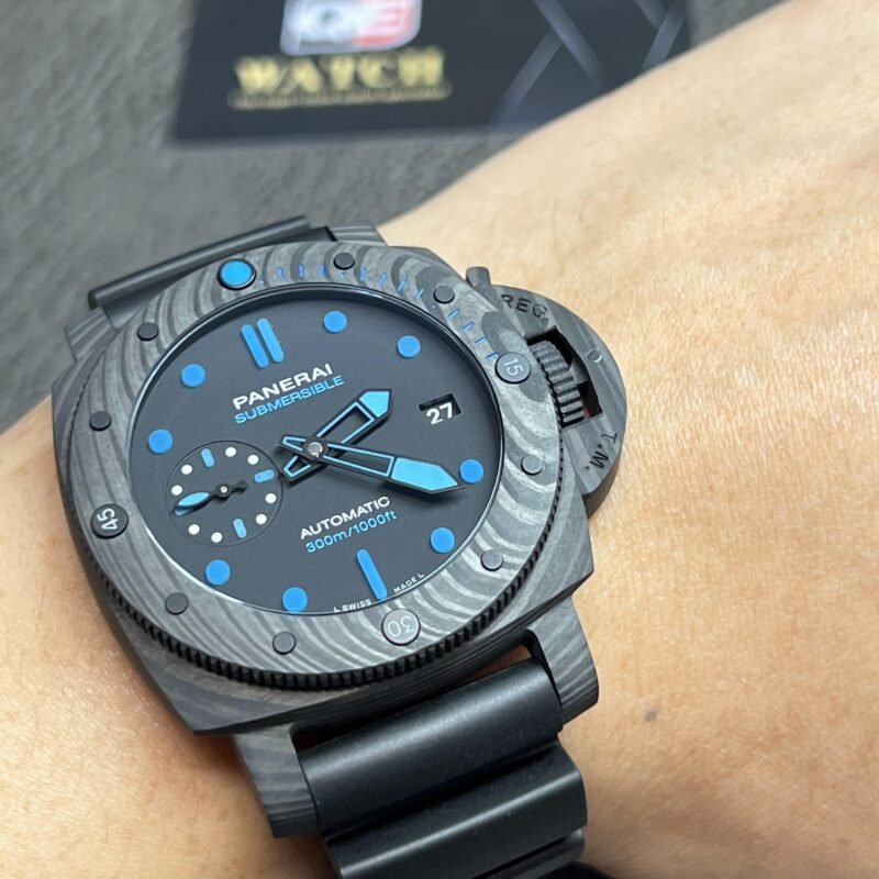 PAM00960 42mm Submersible Carbon Black Element Blue Markers on Rubber Strap Super Clone