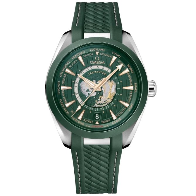 Omega Seamaster Aqua Terra 150m GMT Worldtimer Green Dial Green Rubber Strap 43mm Super Clone