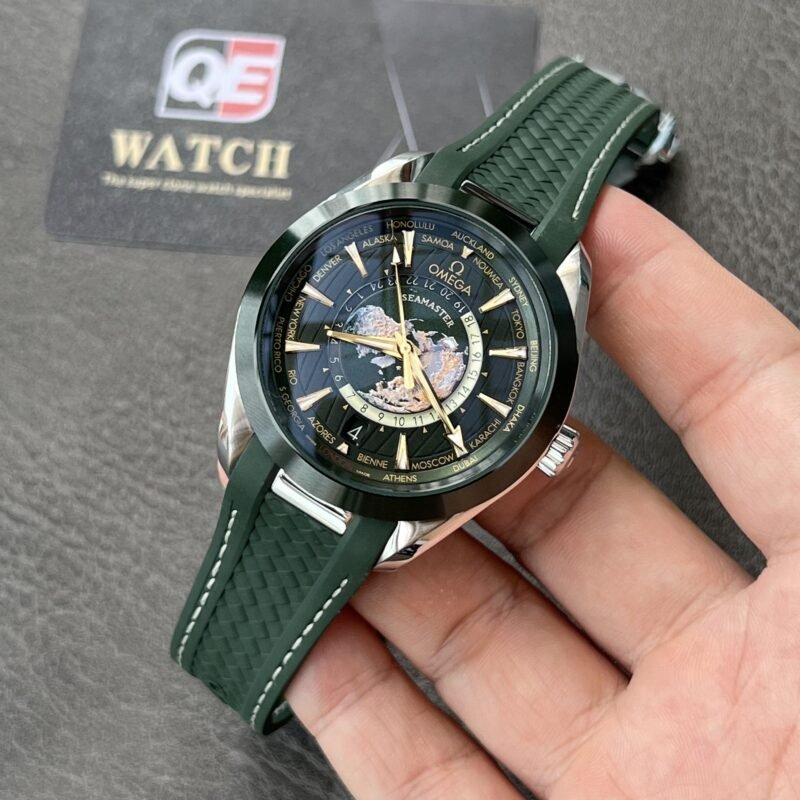 Omega Seamaster Aqua Terra 150m GMT Worldtimer Green Dial Green Rubber Strap 43mm Super Clone