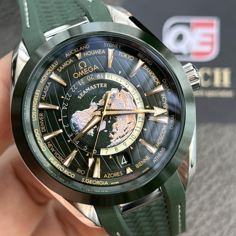 Omega Seamaster Aqua Terra 150m GMT Worldtimer Green Dial Green Rubber Strap 43mm Super Clone