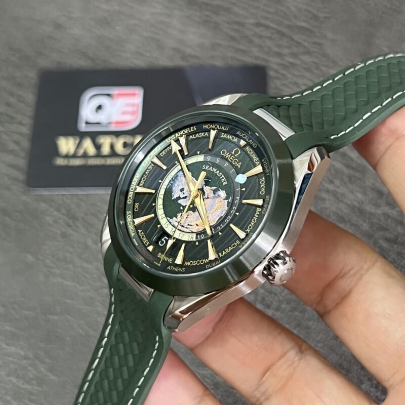 Omega Seamaster Aqua Terra 150m GMT Worldtimer Green Dial Green Rubber Strap 43mm Super Clone