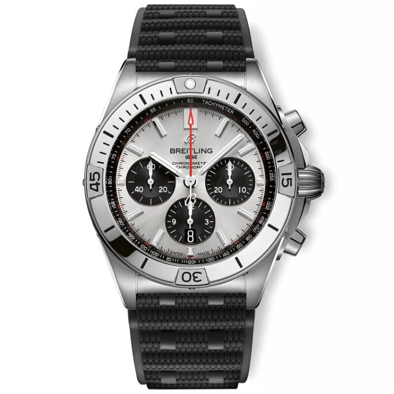 BREITLING Chronomat B01 42mm Silver Dial With Black Rouleaux Rubber Strap AB0134101G1S2 Top replica