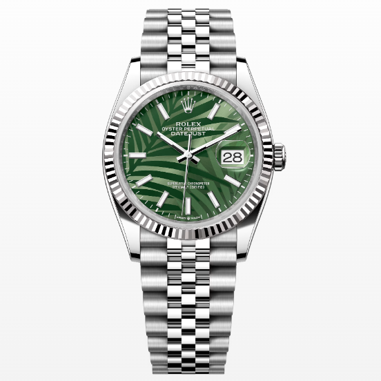 Rolex Datejust M126234 Olive-green Palm-motif Dial Stainless Steel Jubilee and Fluted Bezel 36mm Top Replica