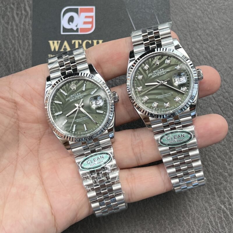 Rolex Datejust M126234 Olive-green Palm-motif Dial Stainless Steel Jubilee and Fluted Bezel 36mm Top Replica