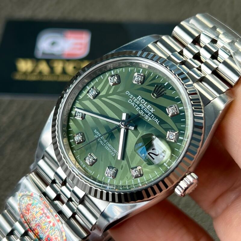 Rolex Datejust M126234 Olive-green Palm-motif Dial Stainless Steel Jubilee and Fluted Bezel 36mm Top Replica