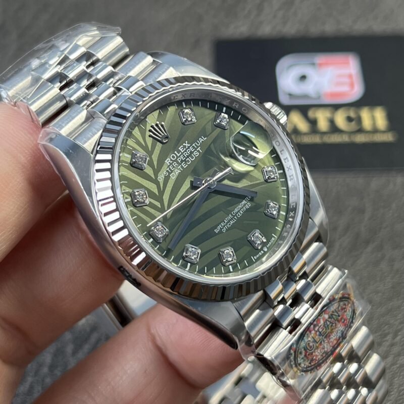 Rolex Datejust M126234 Olive-green Palm-motif Dial Stainless Steel Jubilee and Fluted Bezel 36mm Top Replica