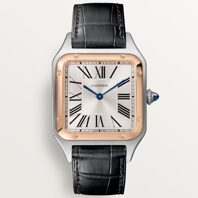 Cartier Santos Dumont Large W2SA0011 Quartz Movement Pink Gold and Steel Silver Dial Black Strap Super Clone