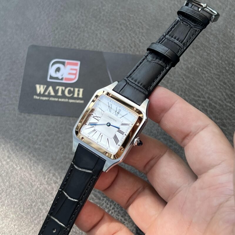 Cartier Santos Dumont Large W2SA0011 Quartz Movement Pink Gold and Steel Silver Dial Black Strap Super Clone