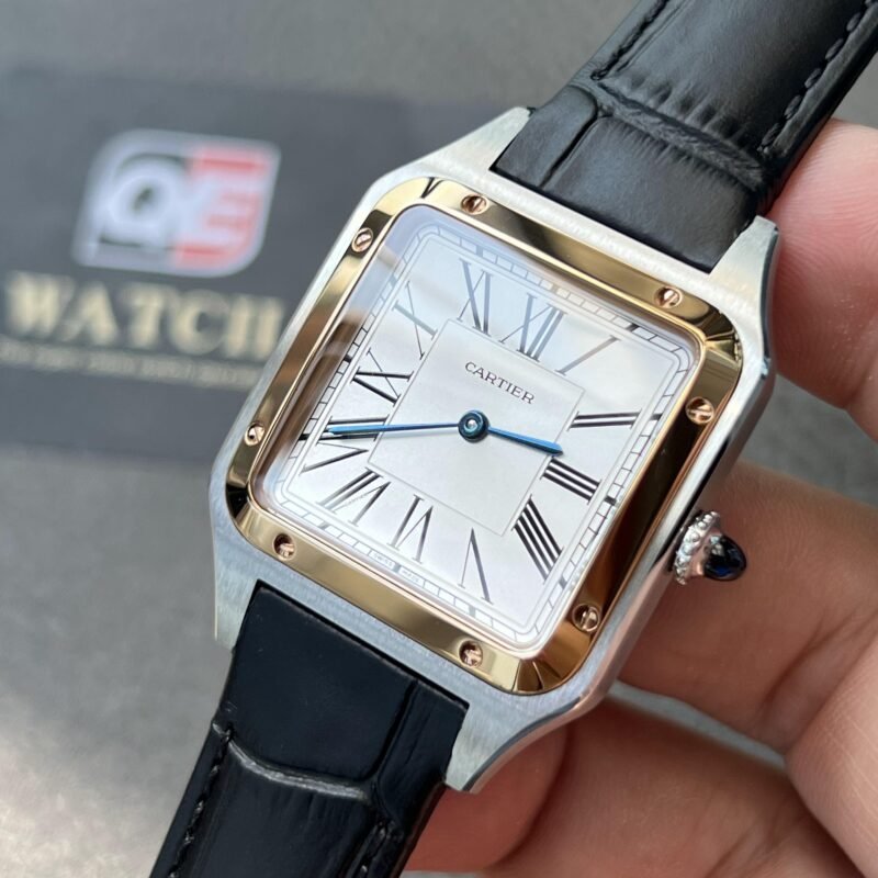 Cartier Santos Dumont Large W2SA0011 Quartz Movement Pink Gold and Steel Silver Dial Black Strap Super Clone