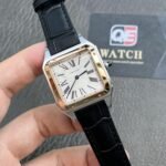 Cartier Santos Dumont Large W2SA0011 Quartz Movement Pink Gold and Steel Silver Dial Black Strap Super Clone