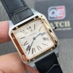 Cartier Santos Dumont Large W2SA0011 Quartz Movement Pink Gold and Steel Silver Dial Black Strap Super Clone