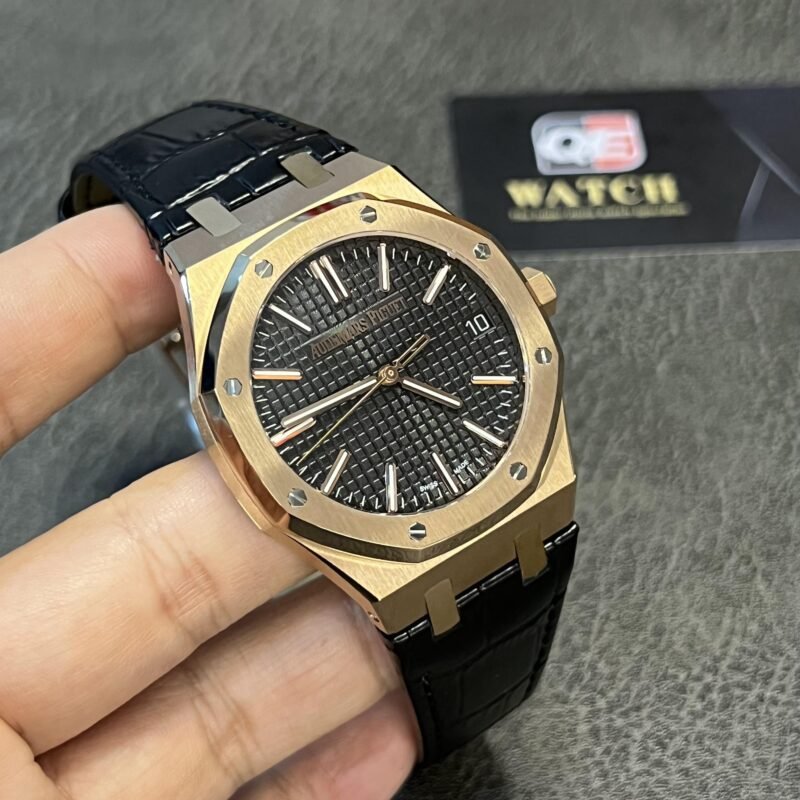 Audemars Piguet Royal Oak Rose Gold '50th Anniversary' with Black Dial and Leather Strap Super Clone