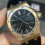 Audemars Piguet Royal Oak Rose Gold '50th Anniversary' with Black Dial and Leather Strap Super Clone