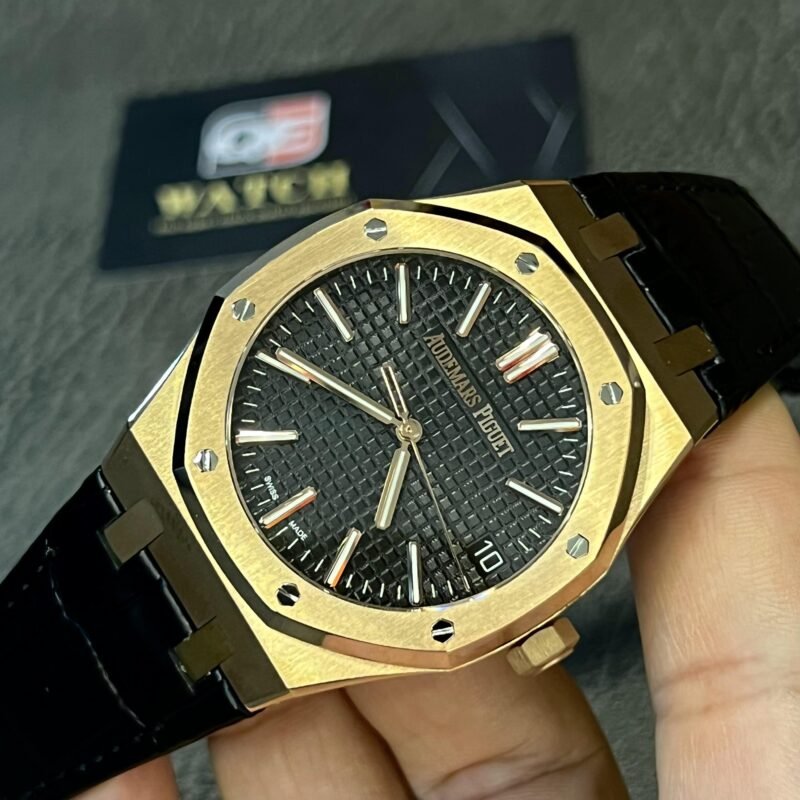 Audemars Piguet Royal Oak Rose Gold '50th Anniversary' with Black Dial and Leather Strap Super Clone