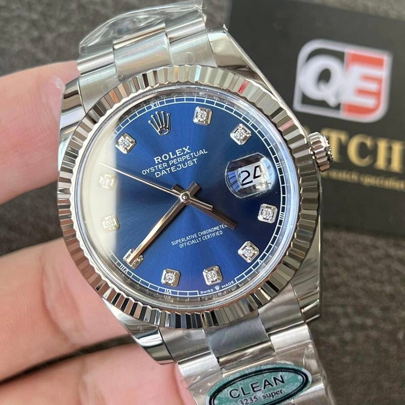 Rolex Datejust 41mm Stainless Steel on Oyster with Diamond Blue Dial and Fluted Bezel Super Clone