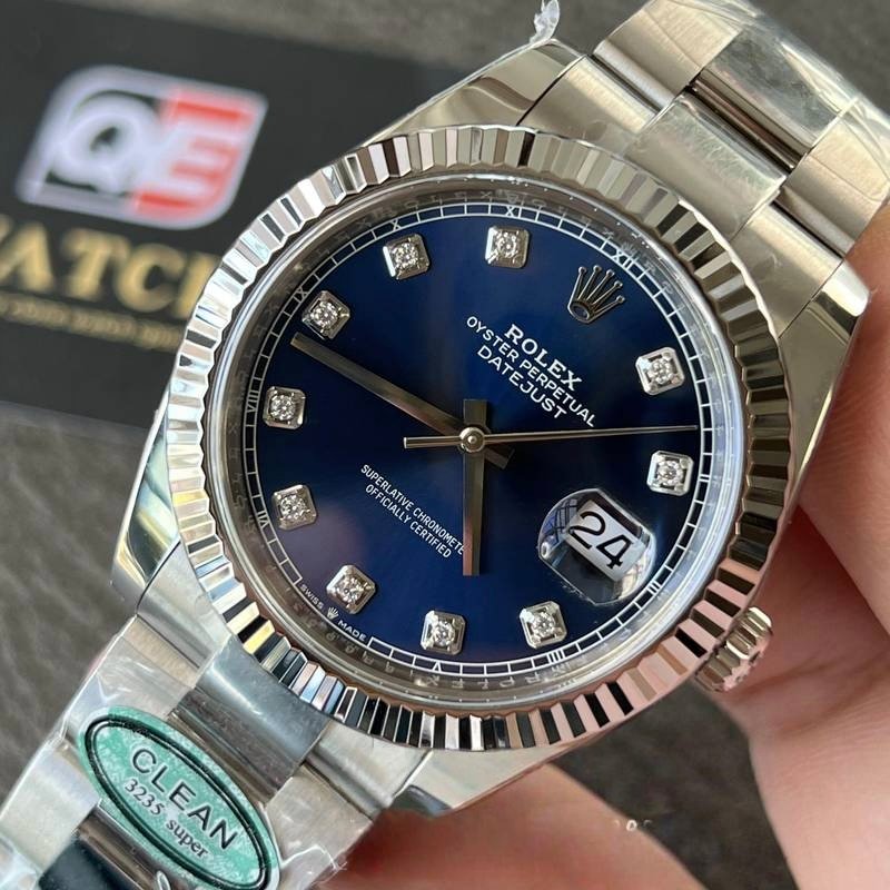 Rolex Datejust 41mm Stainless Steel on Oyster with Diamond Blue Dial and Fluted Bezel Super Clone