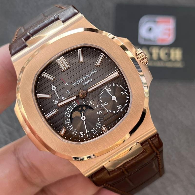 Patek Nautilus 5712R-001 Rose Gold with Black-brown Dial Moonphase Leather strap(40mm) Super Clone