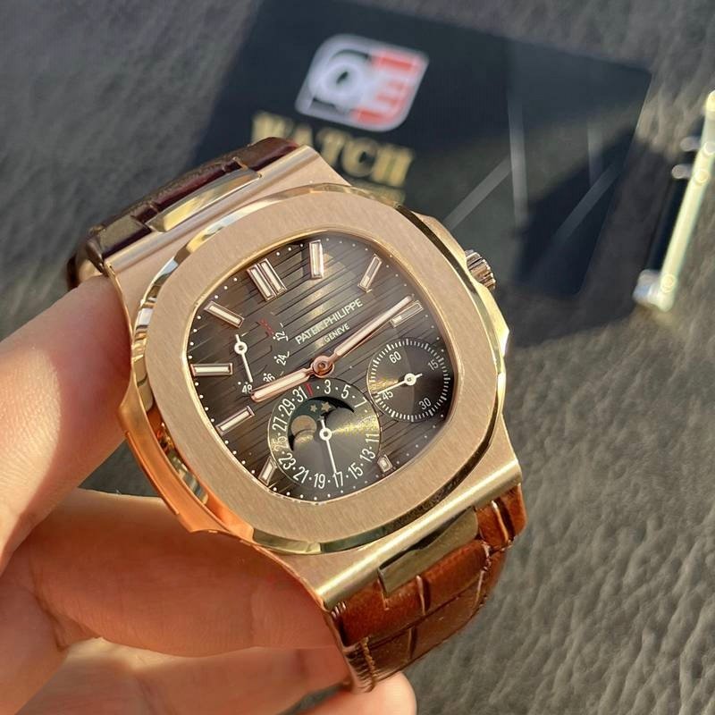 Patek Nautilus 5712R-001 Rose Gold with Black-brown Dial Moonphase Leather strap(40mm) Super Clone