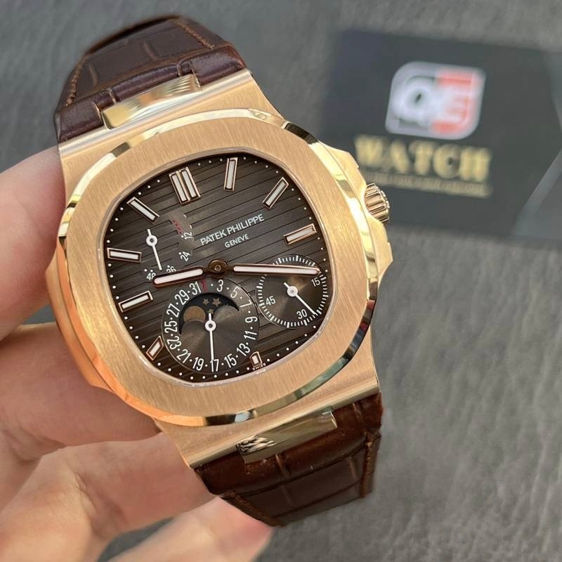 Patek Nautilus 5712R-001 Rose Gold with Black-brown Dial Moonphase Leather strap(40mm) Super Clone