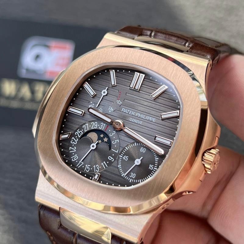 Patek Nautilus 5712R-001 Rose Gold with Black-brown Dial Moonphase Leather strap(40mm) Super Clone