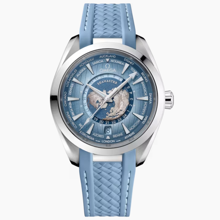 Omega Seamaster Aqua Terra 150m GMT Worldtimer Summer Blue Dial and Rubber Strap 43mm Super Clone